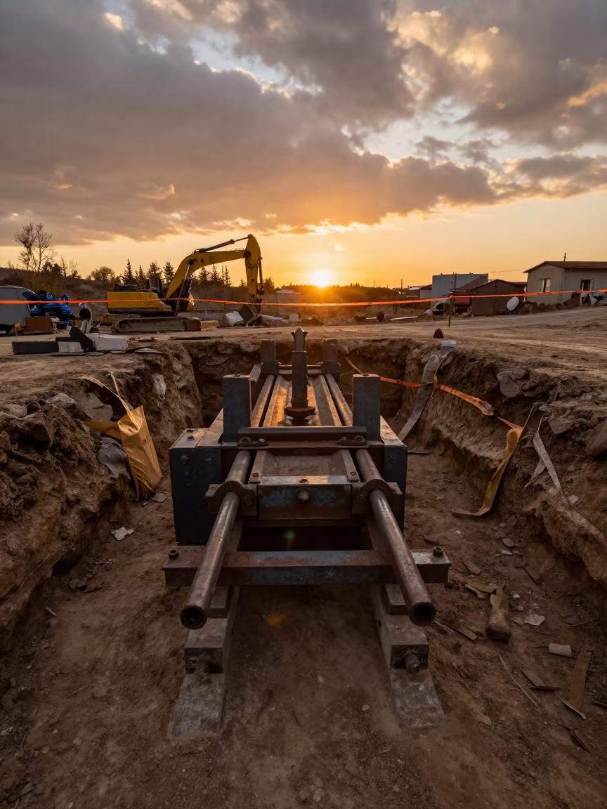 Rebar Bender in Amber Sunset Light in inside a taped-off excavation edge in Çorlu