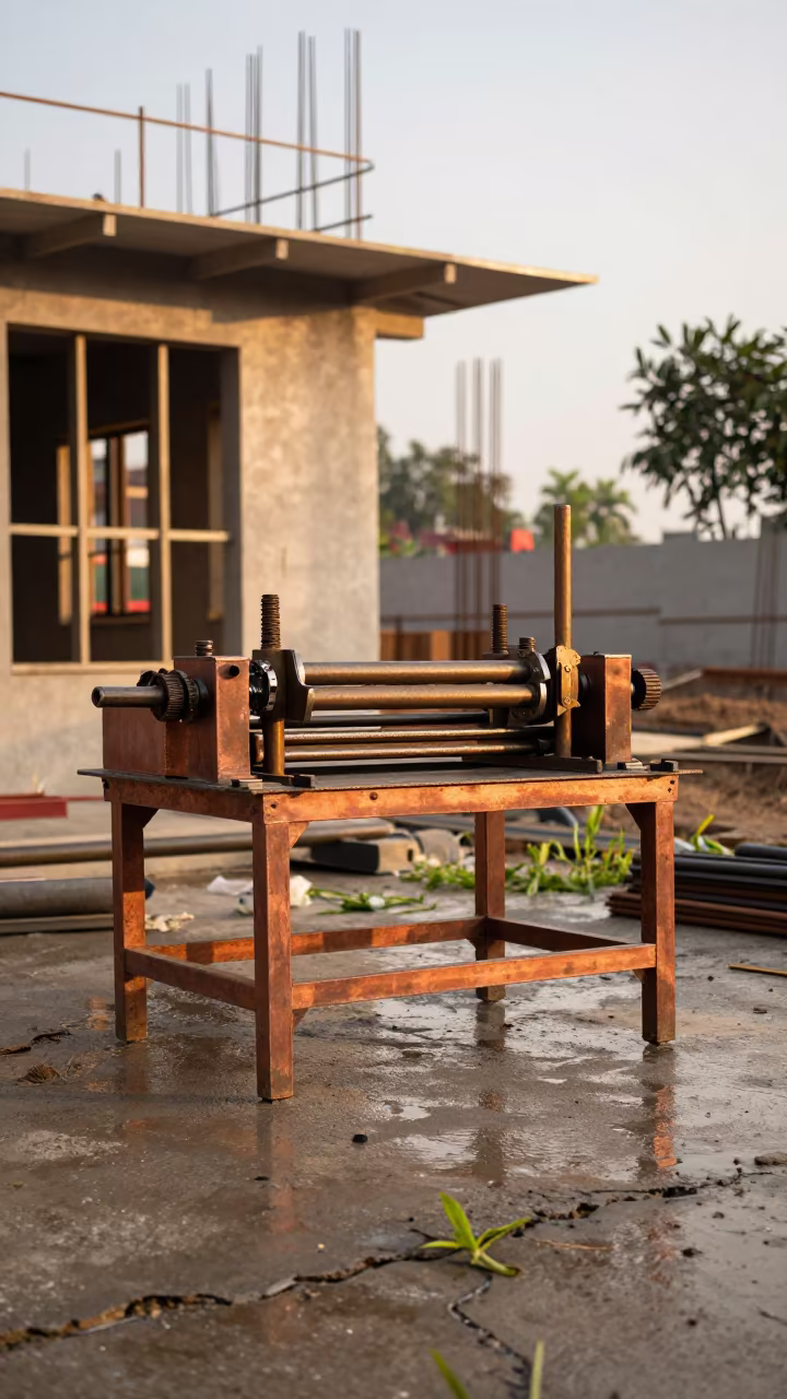 Rebar Bender in Golden Light Bhagalpur Construction in beside a framed building shell in Bhagalpur