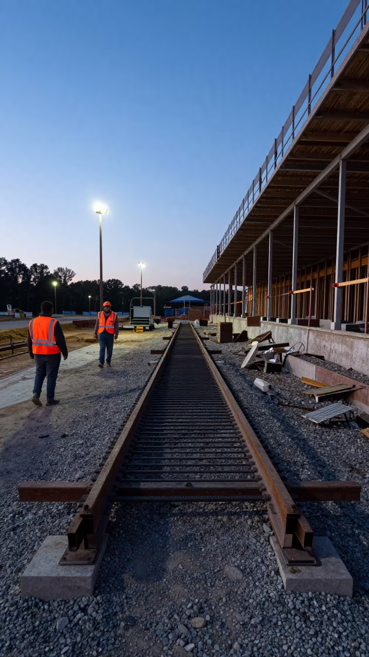 Rebar Bender Table at Blue Hour Construction Site in beside a framed building shell in Alabama