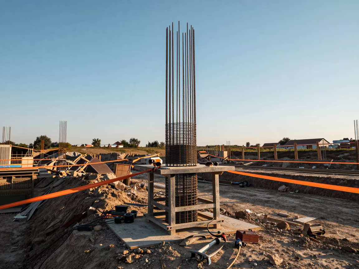 Rebar Bender Table Dawn Construction Site Moldova in inside a taped-off excavation edge in Moldova
