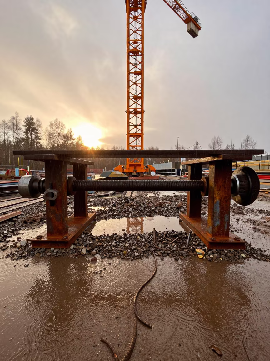 Rebar Bender Table in Estonian Rain in beneath a tower crane on open ground in Estonia