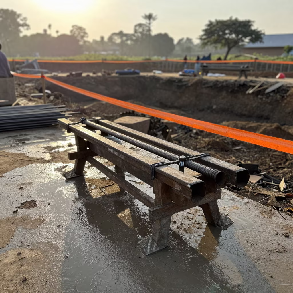 Rebar Bender Table at Ethiopian Sunrise in inside a taped-off excavation edge in Ethiopia