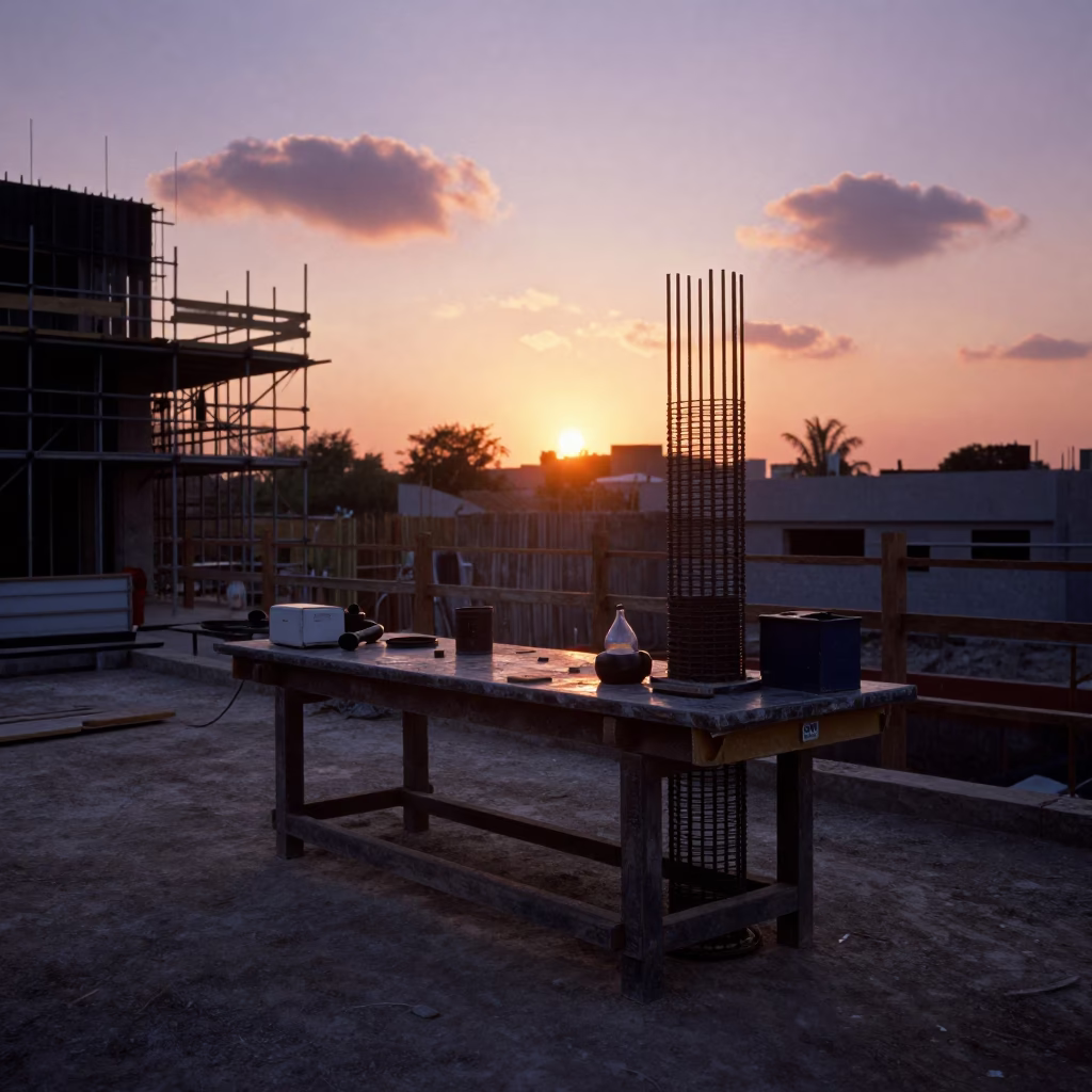 Rebar Bender Table Silhouetted Against Sunset Sky in along a scaffolded facade in Mexico