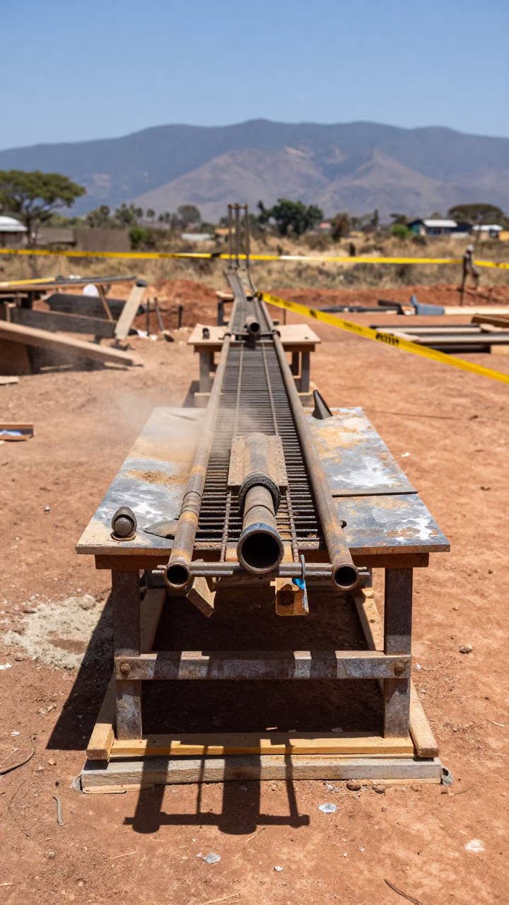 Rebar Bender Table in Tanzanian Excavation Light in inside a taped-off excavation edge in Tanzania
