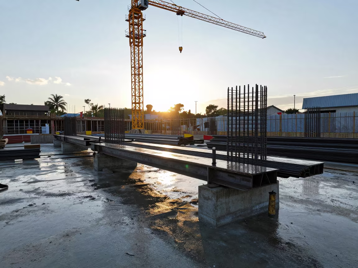 Rebar Bender Table Under Crane at Trinidad Sunrise in beneath a tower crane on open ground in Trinidad and Tobago