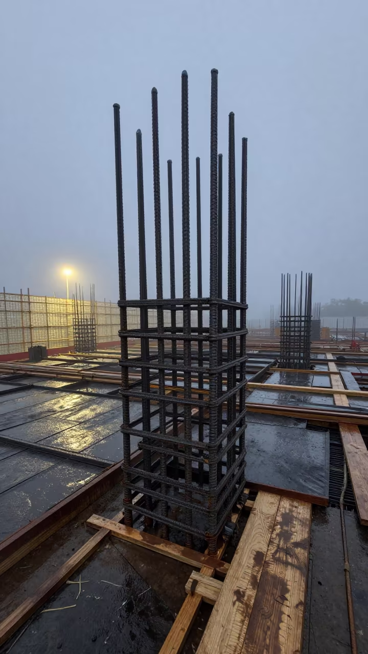 Rebar Cage at Dawn Near Bor Construction Site in on an active construction deck near Bor