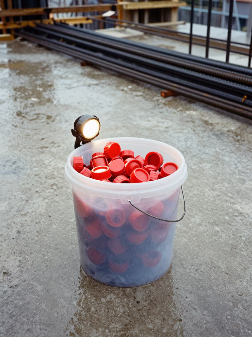 Rebar Cap Bucket on Cyprus Construction Deck in on an active construction deck in Cyprus