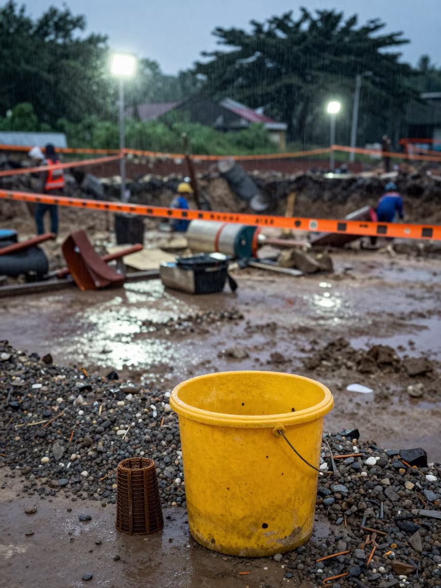 Rebar Cap Bucket in Medan Rain in inside a taped-off excavation edge in Medan