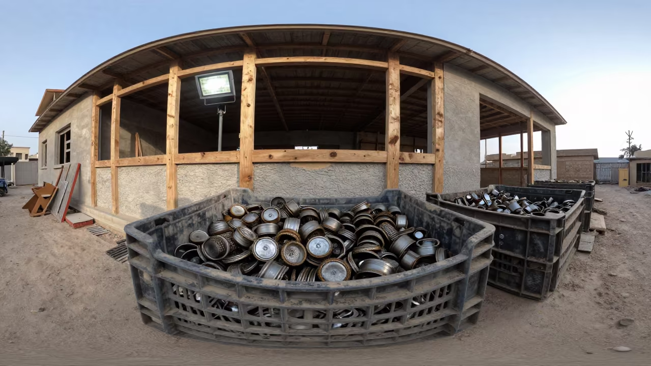 Rebar Cap Crate Beside Building Shell Syria in beside a framed building shell in Syria
