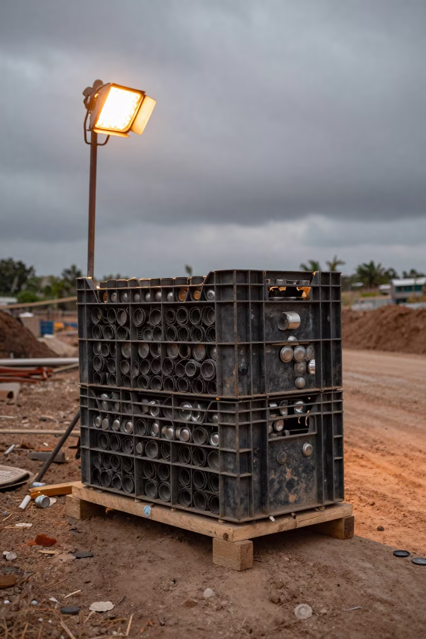Rebar Cap Crate at Maputo Construction Site in at a muddy site access road near Maputo