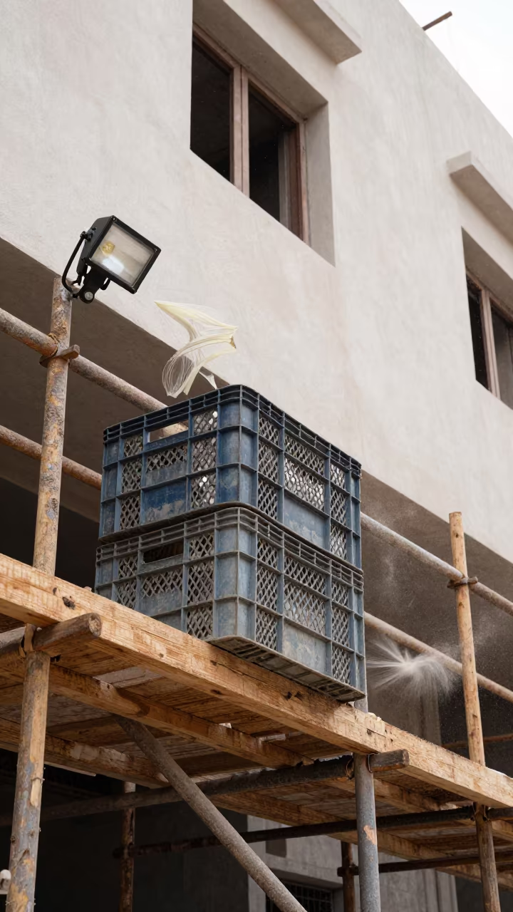 Rebar Cap Crate Scaffold Midday Rain Oman in along a scaffolded facade in Oman