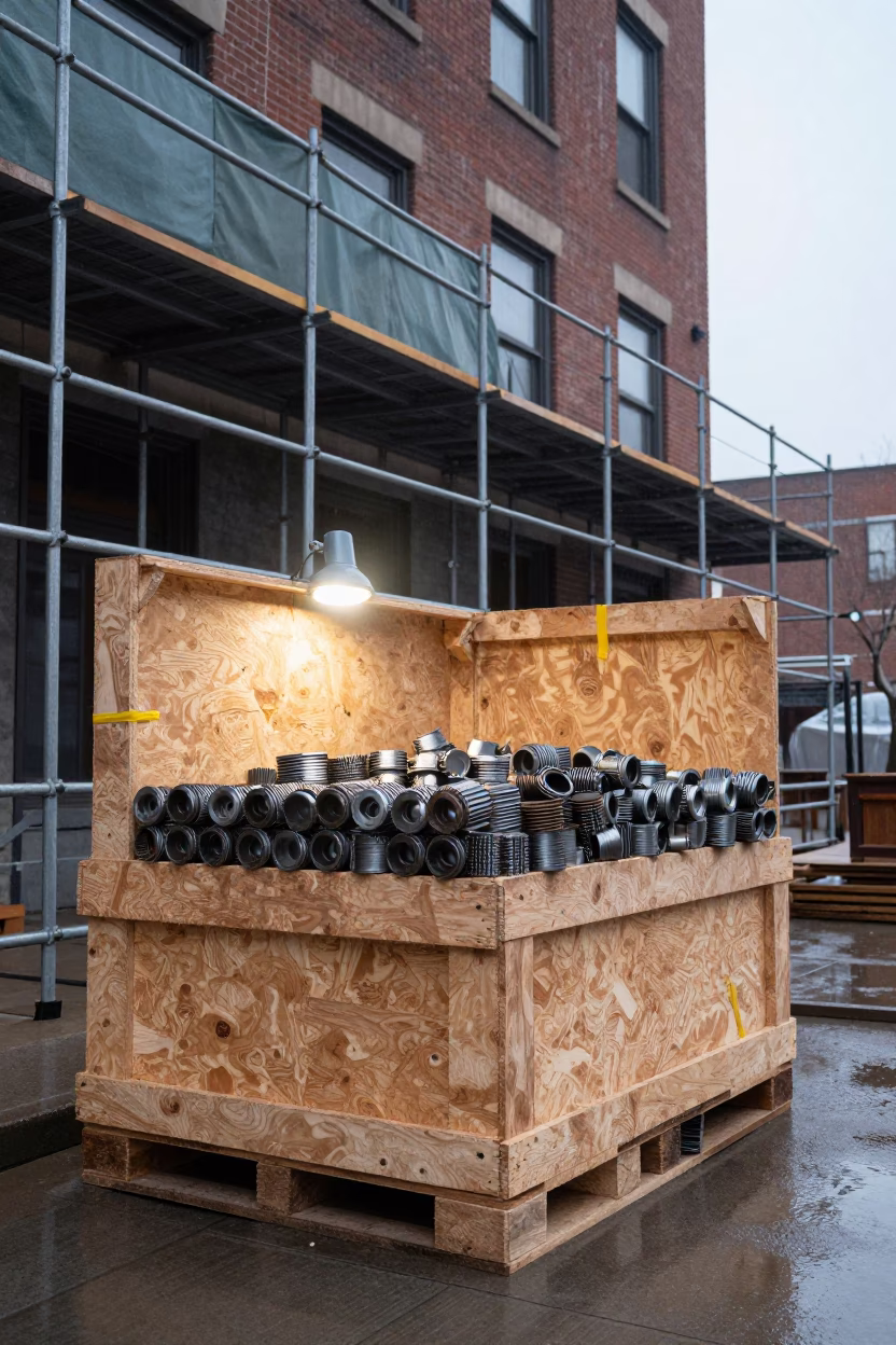 Rebar Cap Crate on Scaffolded Facade After Rain in along a scaffolded facade near Philadelphia
