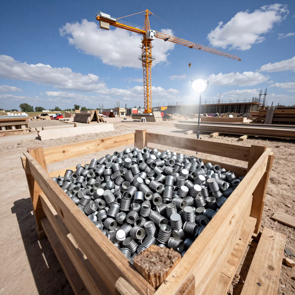 Rebar Cap Crate Under Crane Noon Dust in beneath a tower crane on open ground in the Silk Road