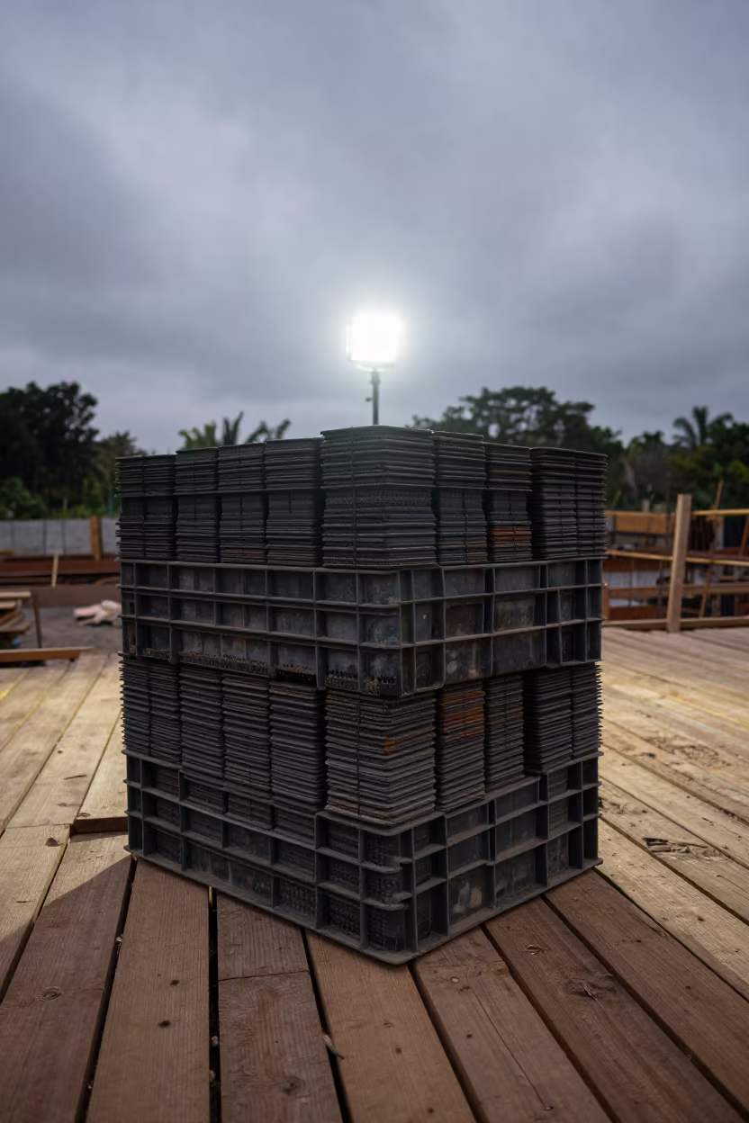 Rebar Caps Crate on Nicaragua Deck at Dusk in on an active construction deck in Nicaragua
