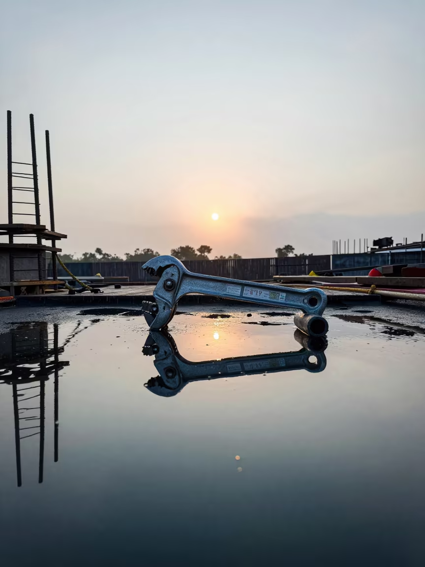 Rebar Coupler Wrench on Mirrored Construction Deck in on an active construction deck in Guyana