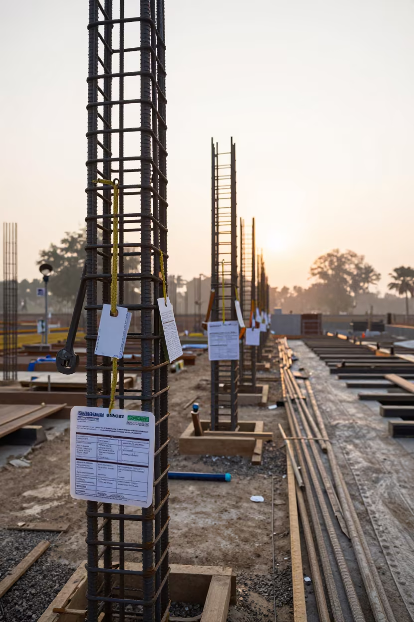 Rebar Coupler Wrench Tin at Dawn in beside a framed building shell in Haryana