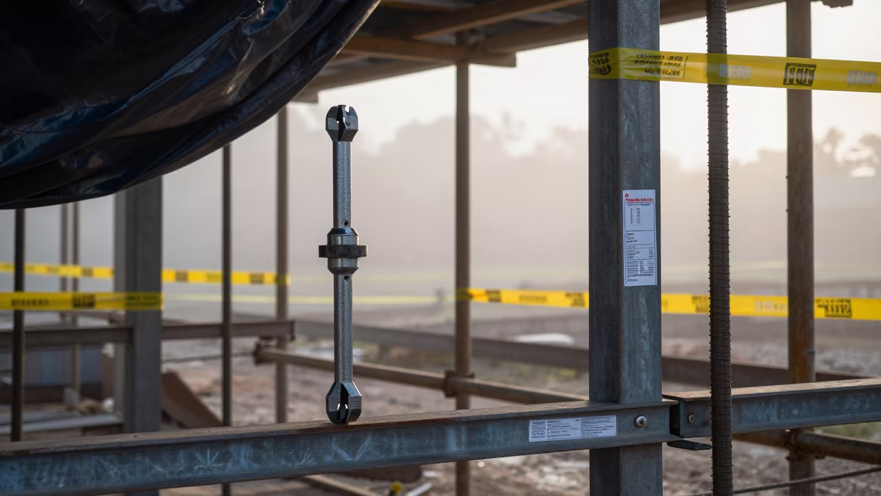 Rebar Coupler Wrench Tin on Scaffold at Dawn in along a scaffolded facade in Honduras