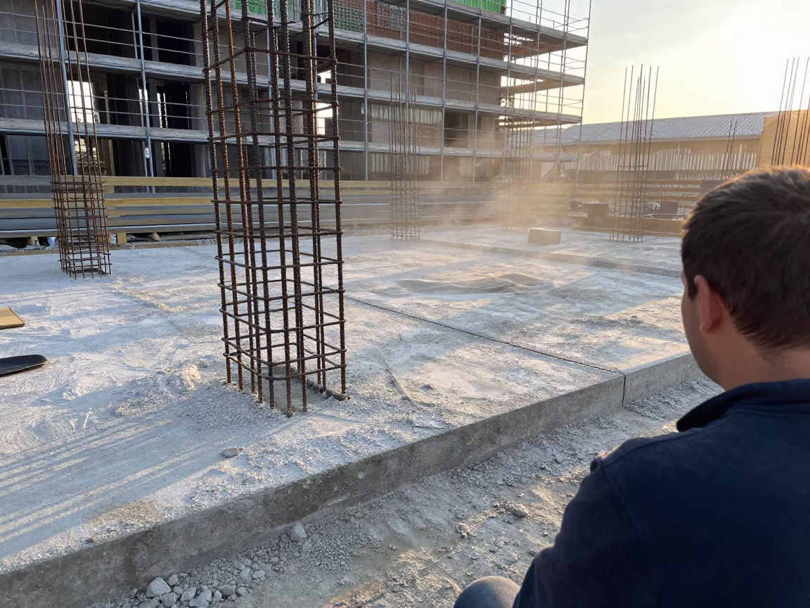 Rebar Splice Rack at Dawn in along a scaffolded facade in Hungary