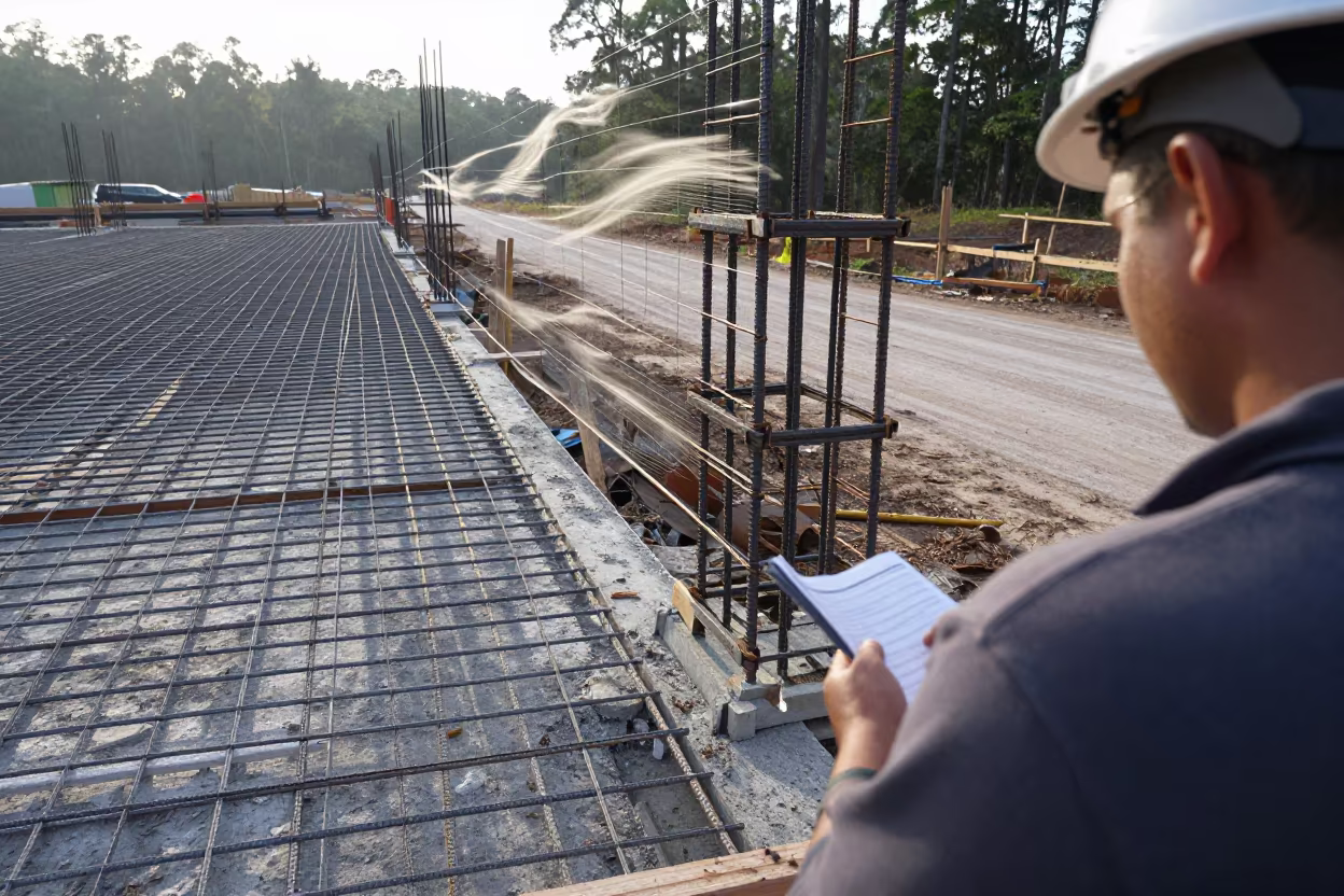 Rebar Splice Rack Morning Light Construction Site Georgia in at a muddy site access road in Georgia