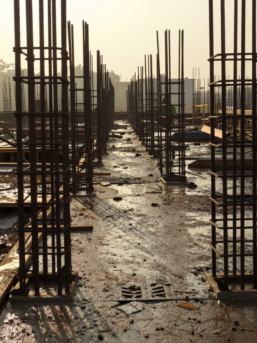 Rebar Splice Rack North Korea Construction Site in beside a framed building shell in North Korea