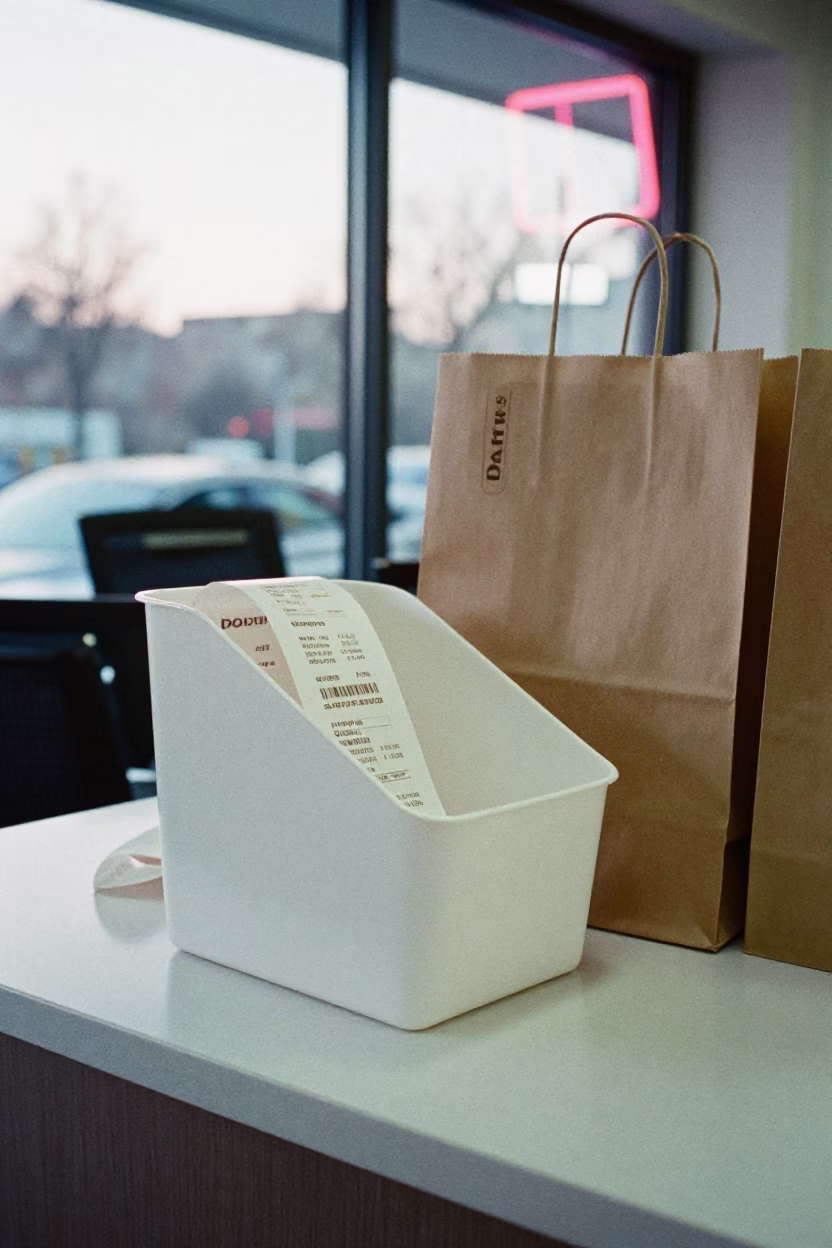 Receipt Core Bin at Dawn Cash Wrap in at a cash wrap counter with bags stacked nearby in Dadu