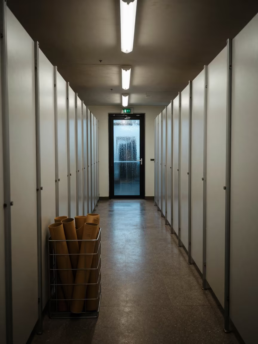 Receipt Core Bin in Nighttime Retail Corridor in inside a fitting room corridor in Concordia