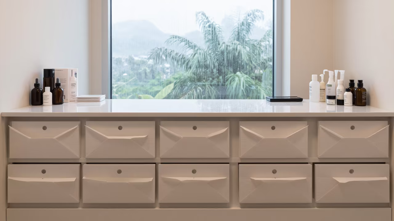 Receipt Envelope Drawer in Kamsar Skincare Room in inside a skincare treatment room in Kamsar