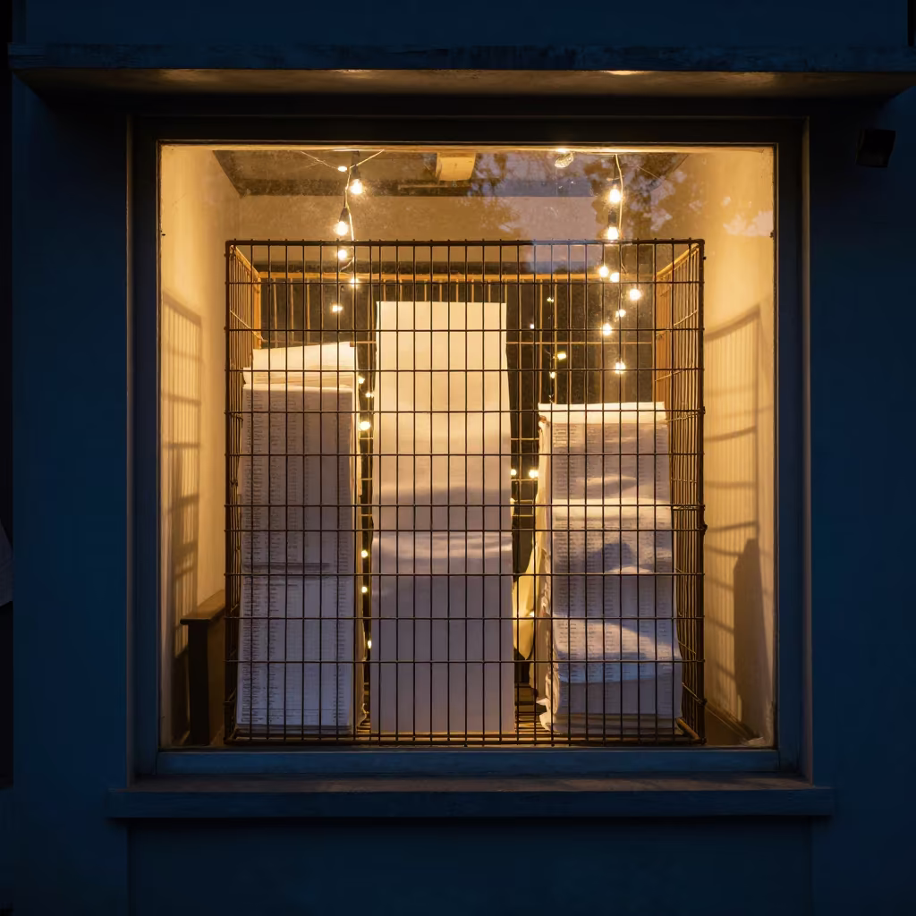 Receipt Paper Cage in Myitkyina Evening Glow in inside a storefront prepared for opening in Myitkyina