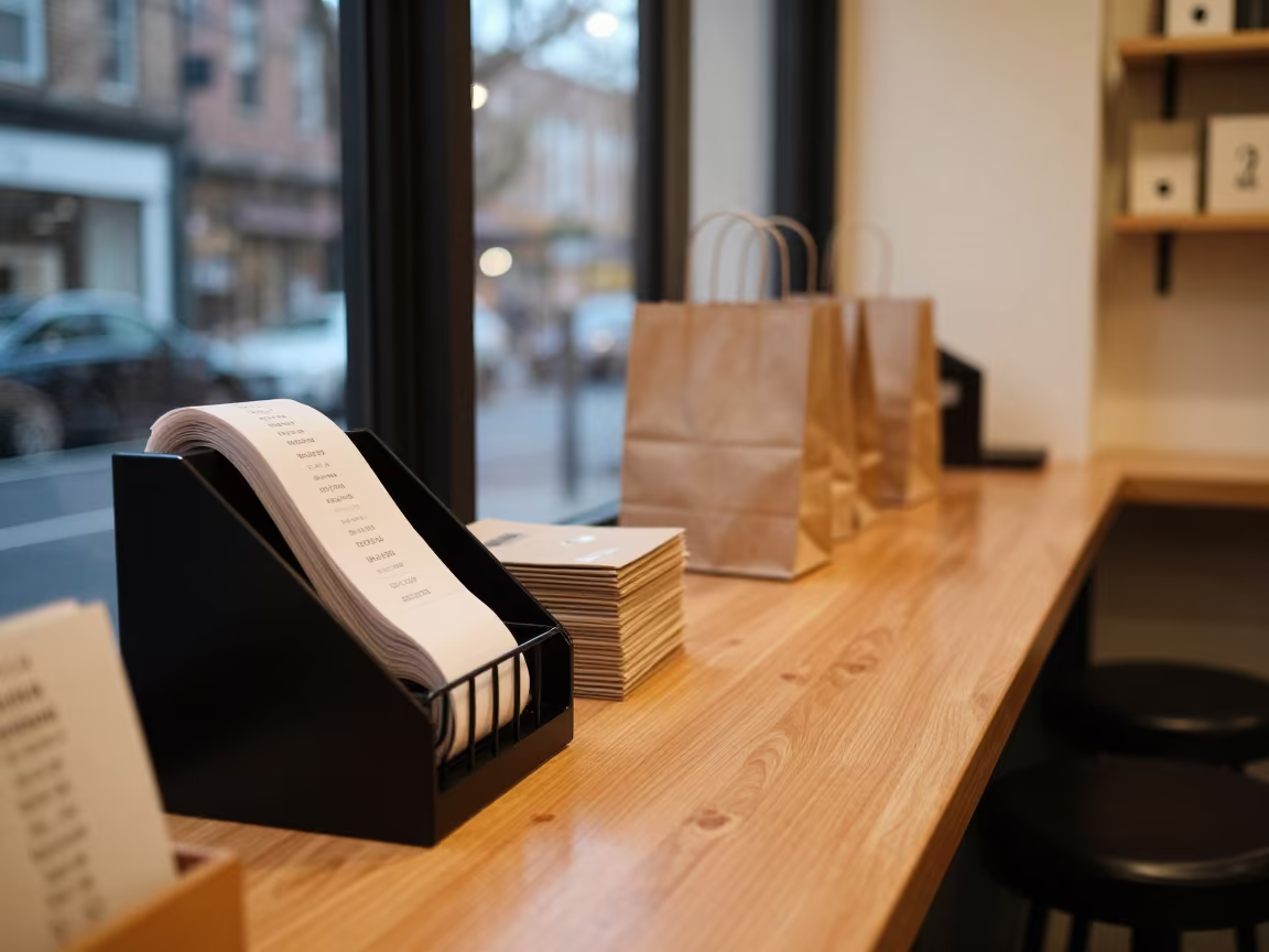 Receipt Paper Cage Naples Cash Wrap in at a cash wrap counter with bags stacked nearby in Centro Storico, Naples