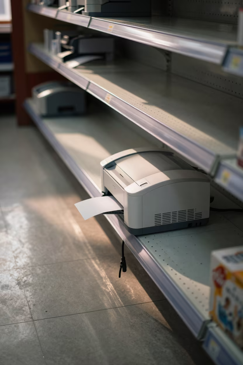 Receipt Printer Shelf Before Store Opens Dawn in along a front-of-store display run in Pyongyang