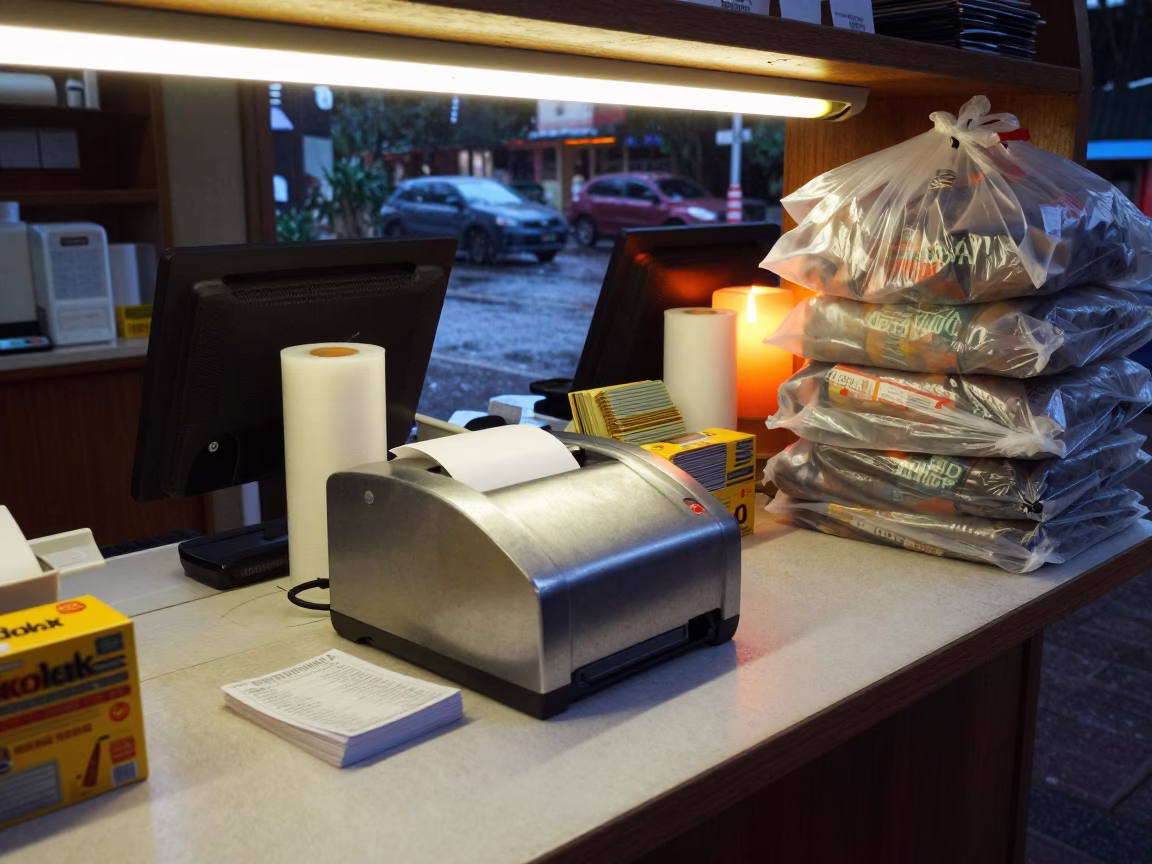 Receipt Printer Under Warm Light in Addis Ababa Shop in at a cash wrap counter with bags stacked nearby in Addis Ababa