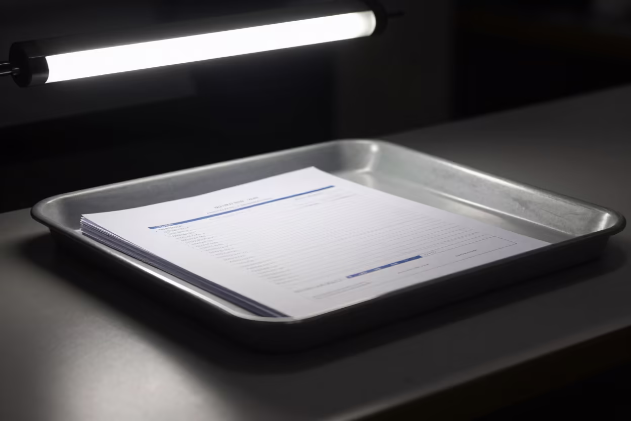 Receipt Spike Under Fluorescent Office Light in on a writing desk near Vitarte