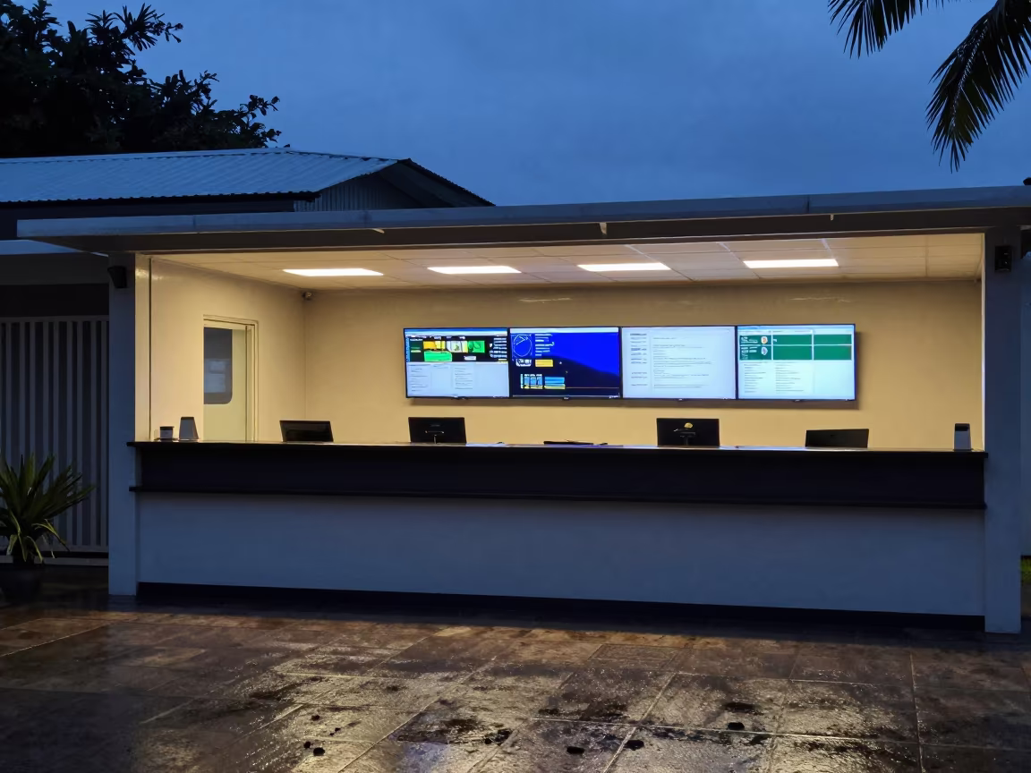 Reception Console in Seychelles Operations Center in in an operations center under monitor glow in Victoria Seychelles