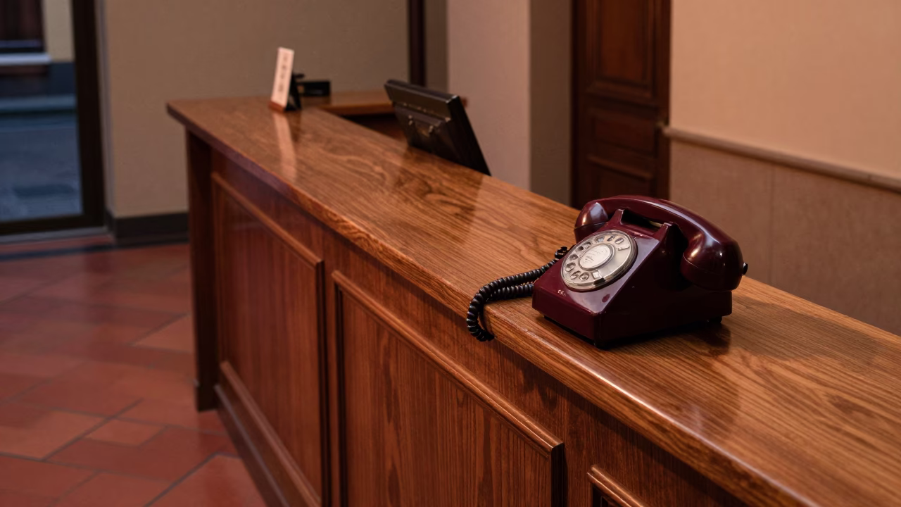 Reception Desk at Copper-toned Light Before Dusk in Bologna in in Bologna, Italy