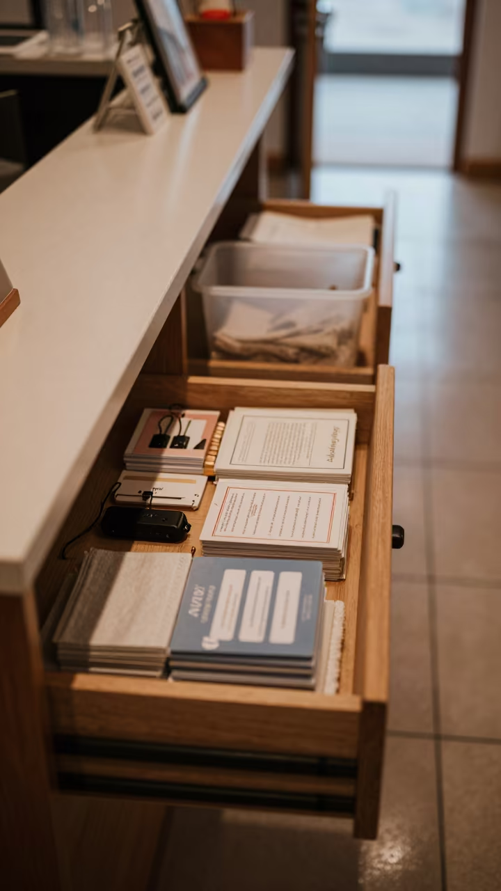 Reception Desk AV Drawer Warm Light Uyuni in at a reception desk under warm light in Uyuni