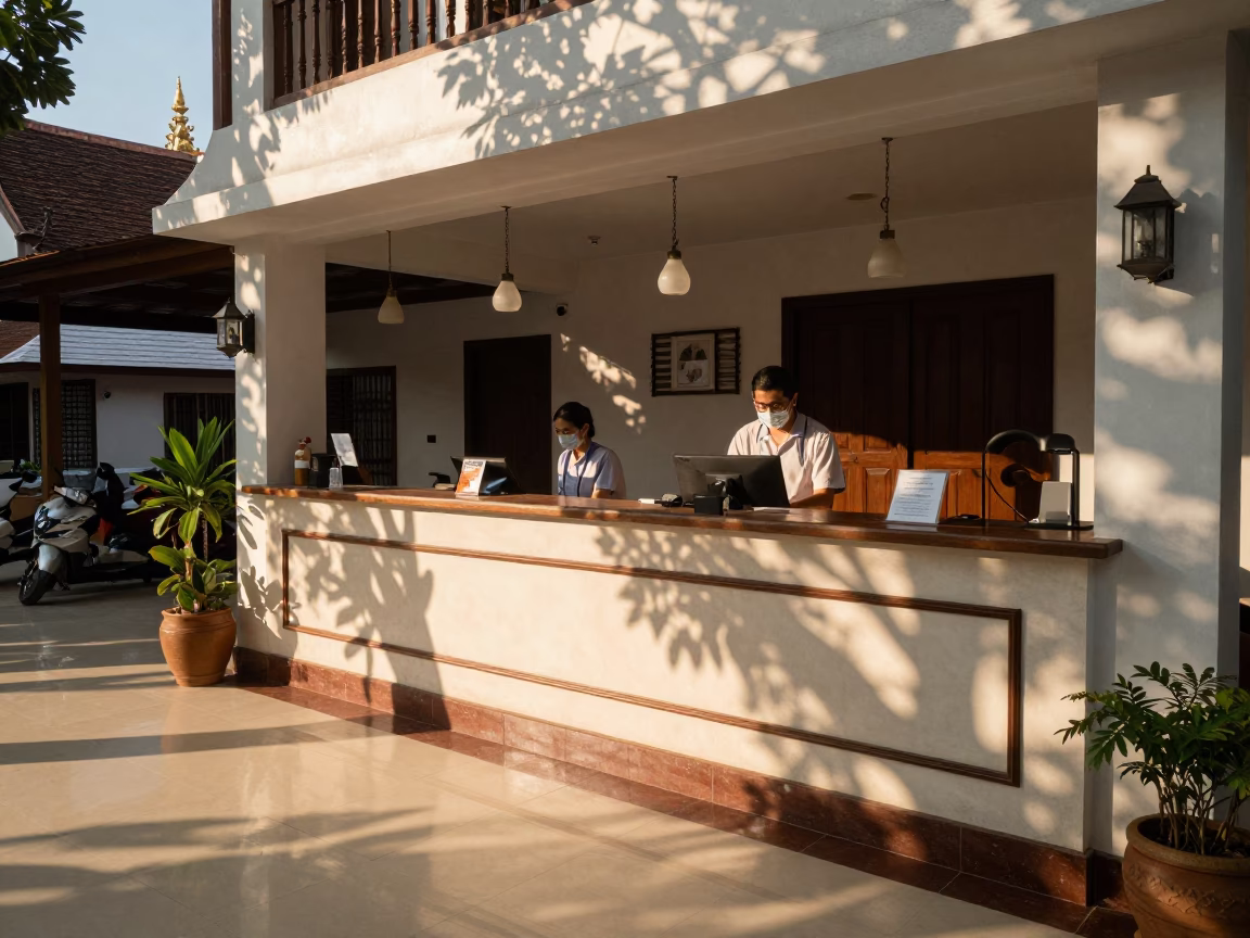 Reception Desk in Chiang Mai at Clear Late-afternoon Light in in Chiang Mai, Thailand