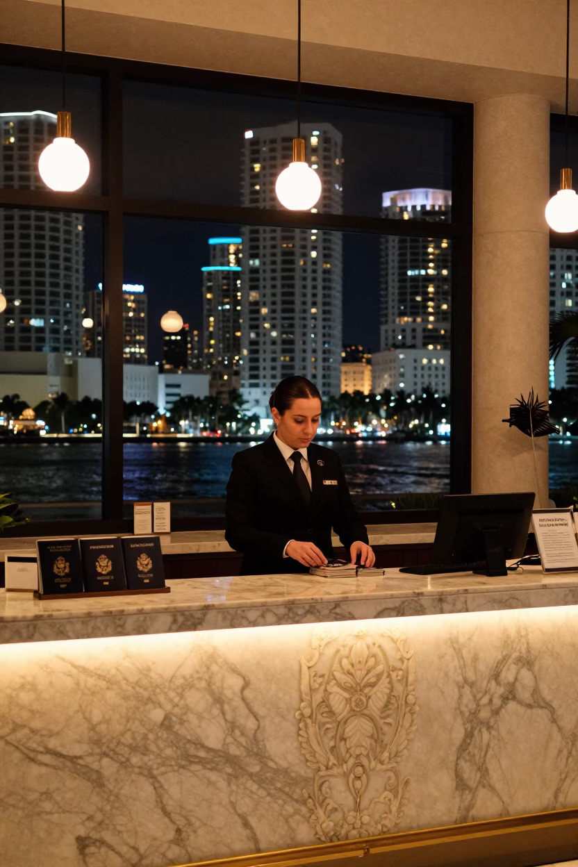 Reception Desk in Miami at As City Lights Begin To Glow in in Miami, Florida, United States