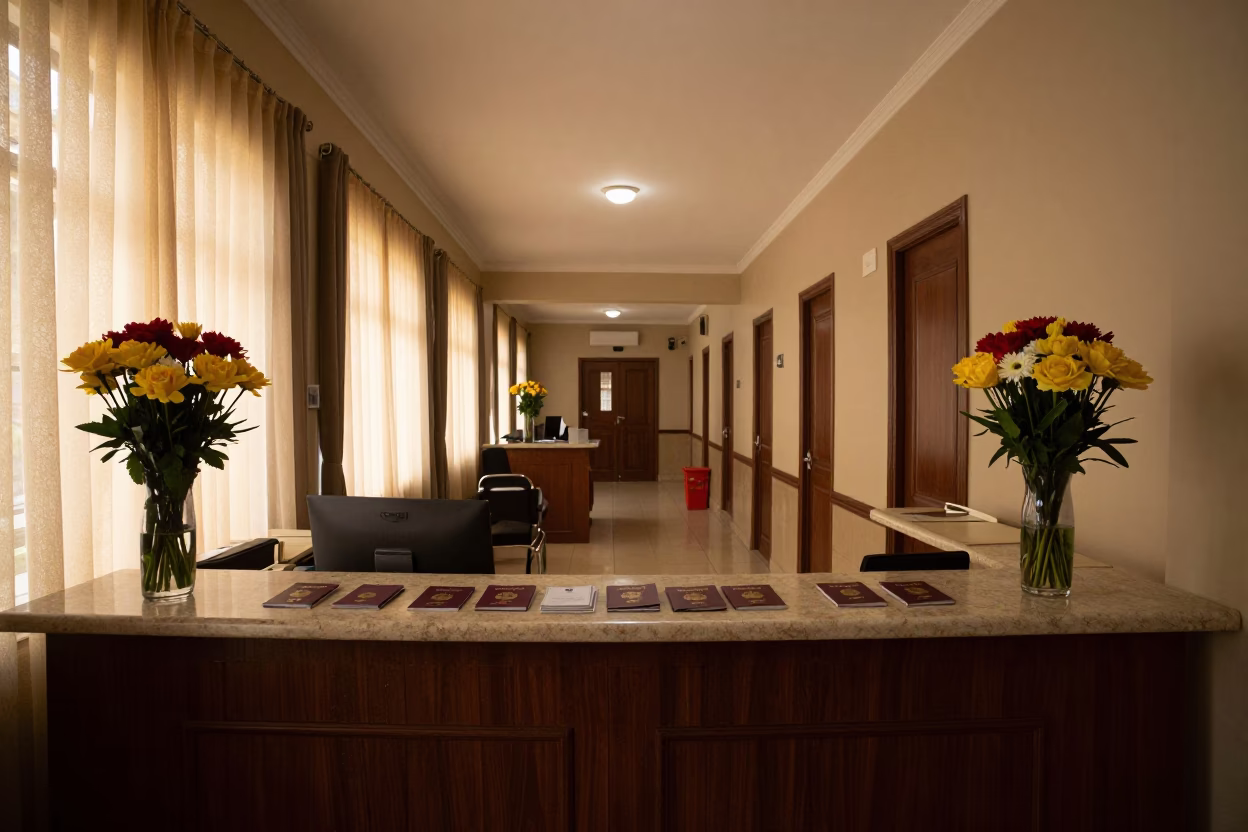 Reception Desk Passports Flowers Mbuji-Mayi Corridor in in a quiet guest corridor in Mbuji-Mayi