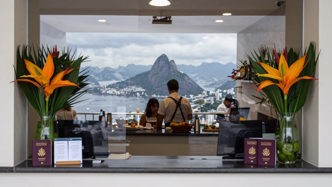 Reception Desk Passports Flowers Rio Breakfast Room in inside a breakfast room before opening near Rio de Janeiro