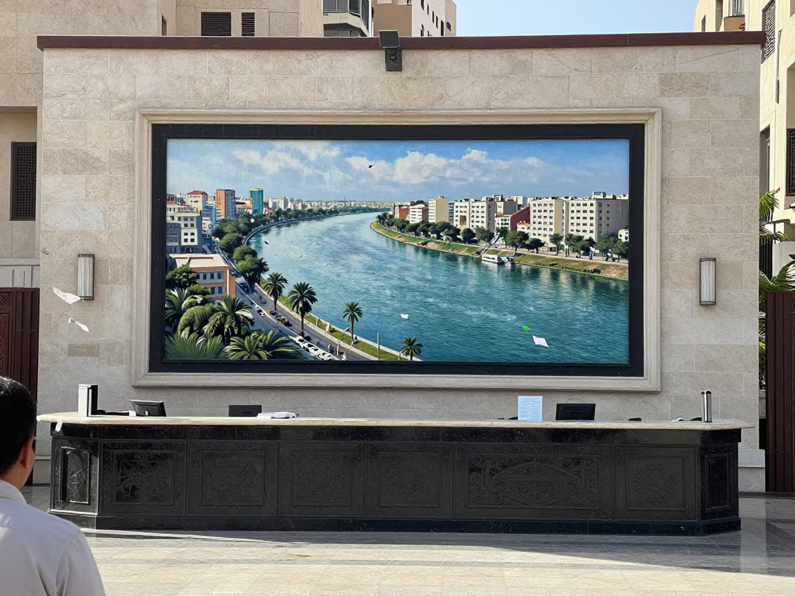 Reception Desk Under Riverfront Mural in Sanaa in in a public square near Sanaa