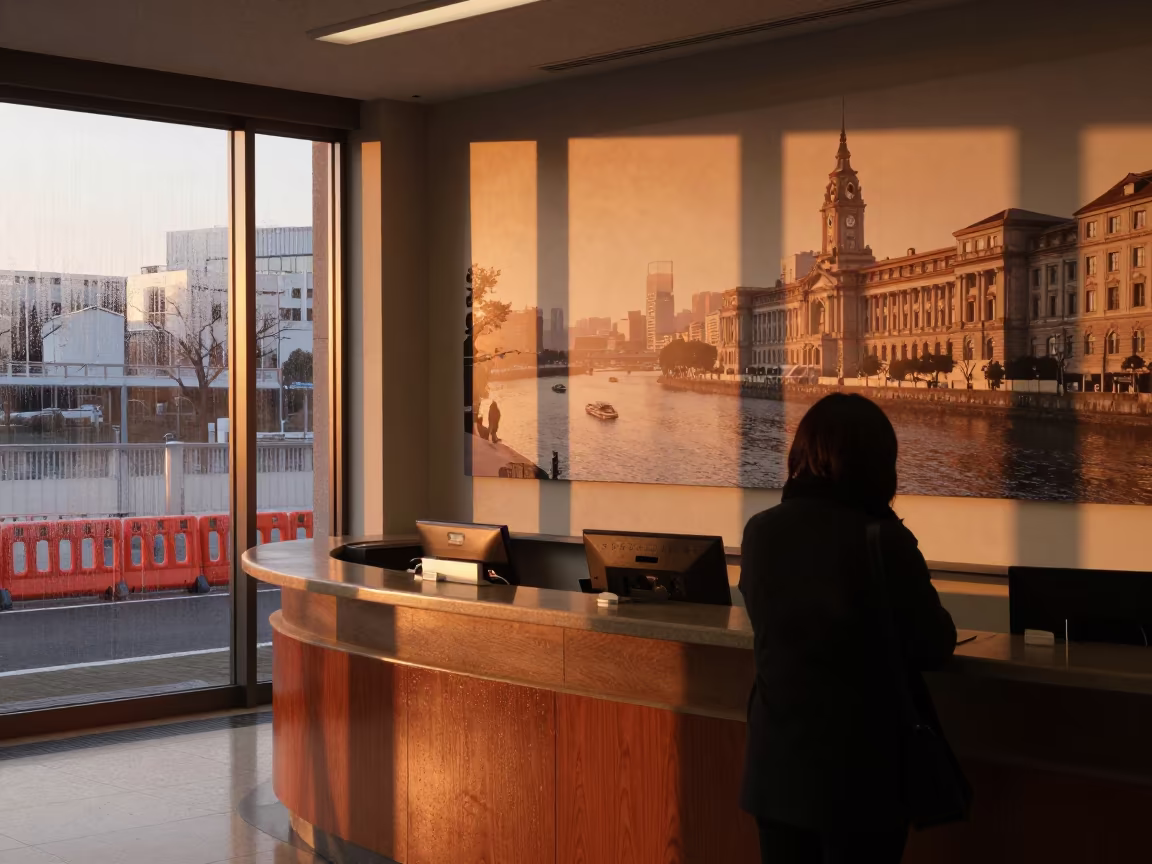 Reception Desk Under Riverfront Mural in Winter Dusk in along barricaded protest routes near Nagoya