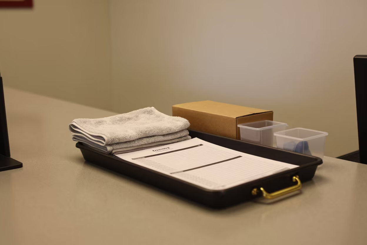 Reception Desk Walk Sheet Tray San Diego in at a reception desk under warm light near San Diego