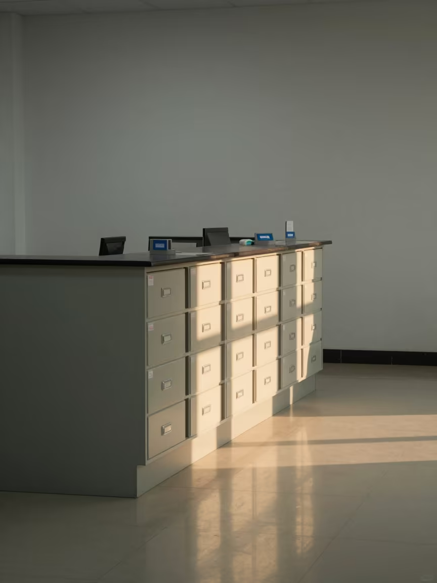 Reception Queue Stanchion Drawer in Mogaung Office in in an operations center under monitor glow in Mogaung