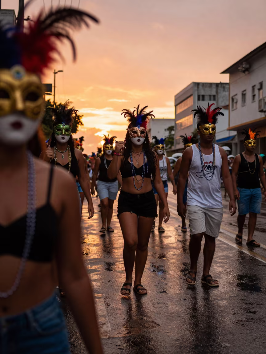 Recife Carnival Masks in Orange Horizon Light in at a festival street procession near Recife