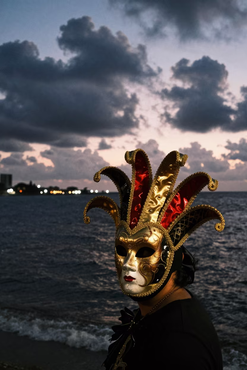 Recife Fasching Masks Against City Lights in at a waterfront celebration in Recife