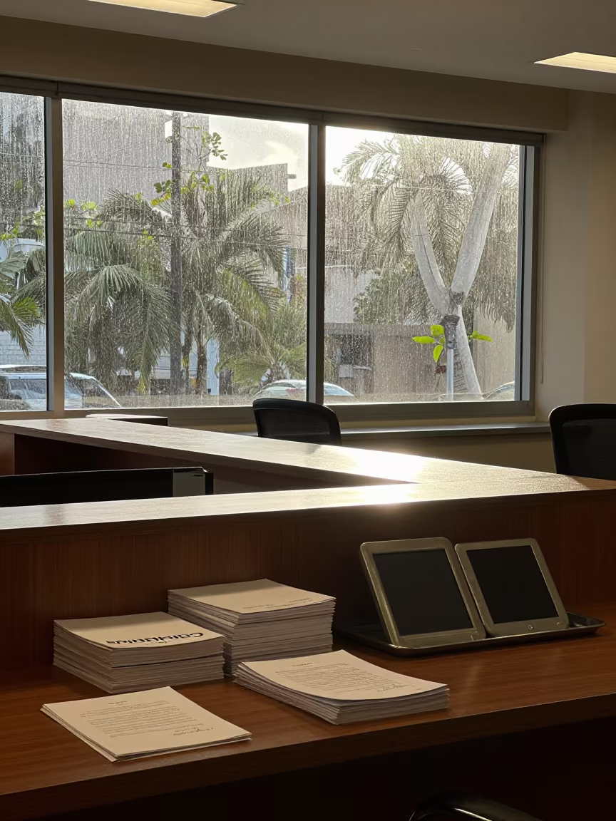 Recife Office Desk Midmorning Light and Books in at an office reception desk near Recife