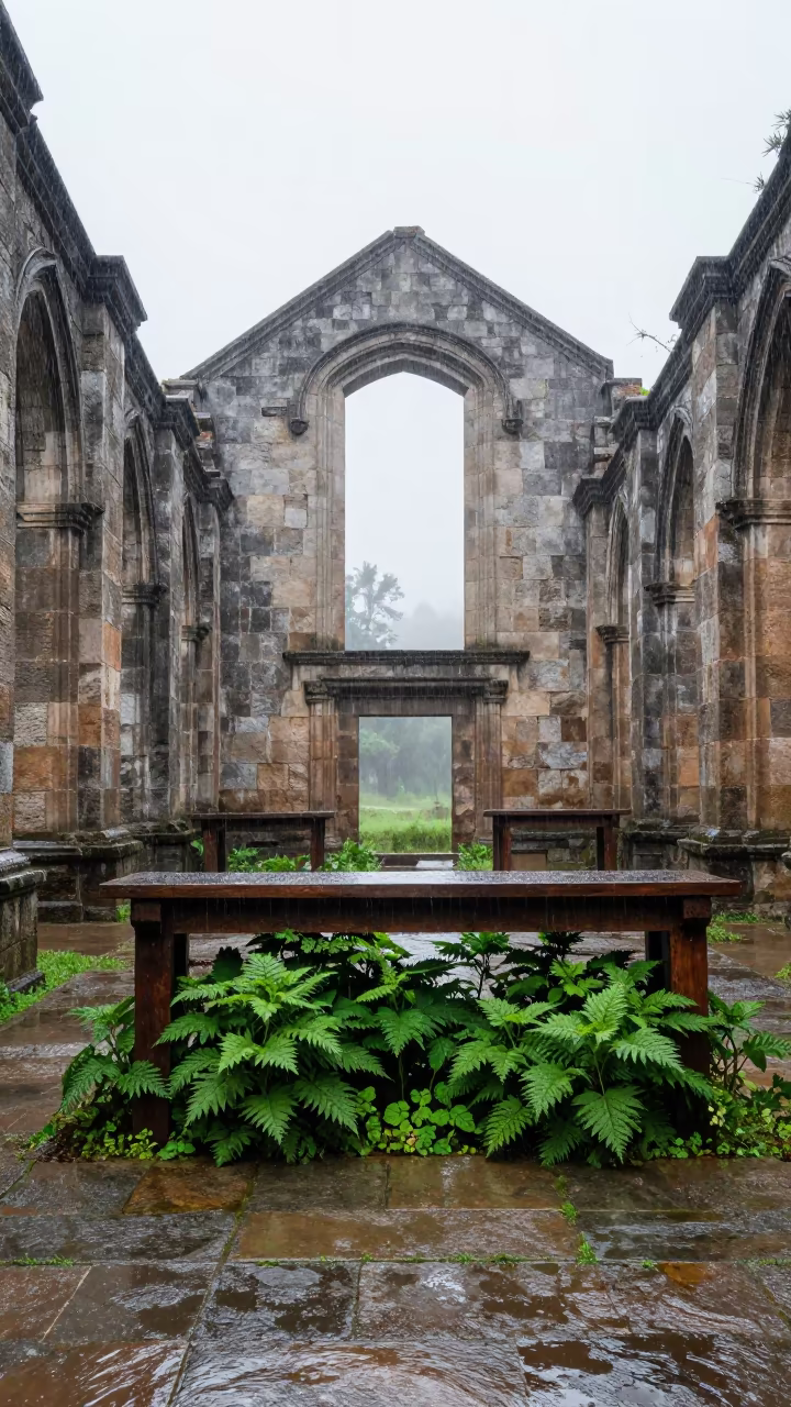 Reclaimed Refectory Ruin with Nettles Under Rain in among collapsed cloisters near Cali