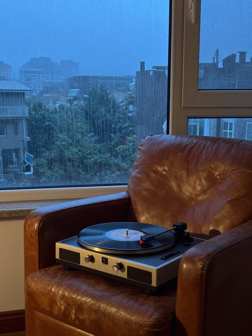 Record Needle Drops as Rain Falls Upward in on a worn leather armchair near Baghdad