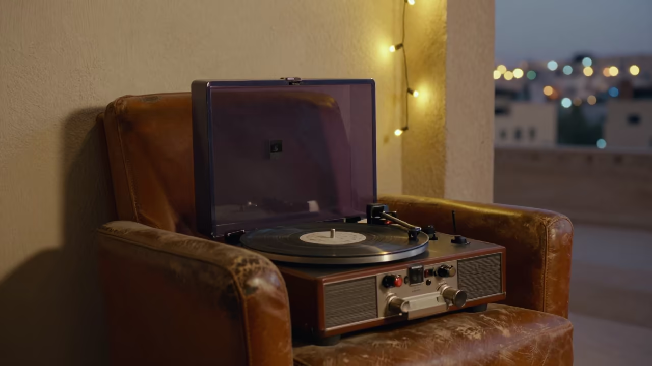 Record Player on Leather Chair in Al-Hasakah in on a worn leather armchair in Al-Hasakah