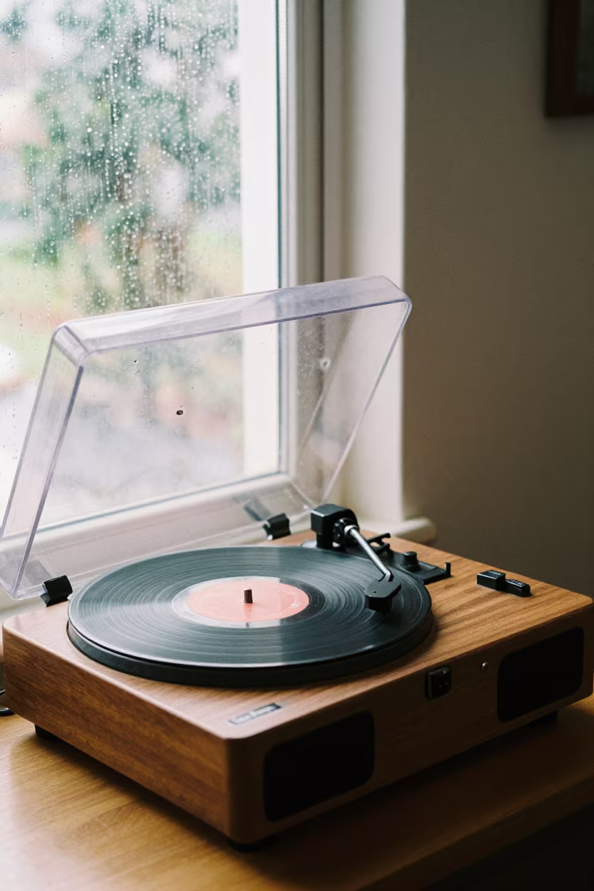 Record Player Spinning by Rain Window in Labé in beside a rain-streaked window in Labé